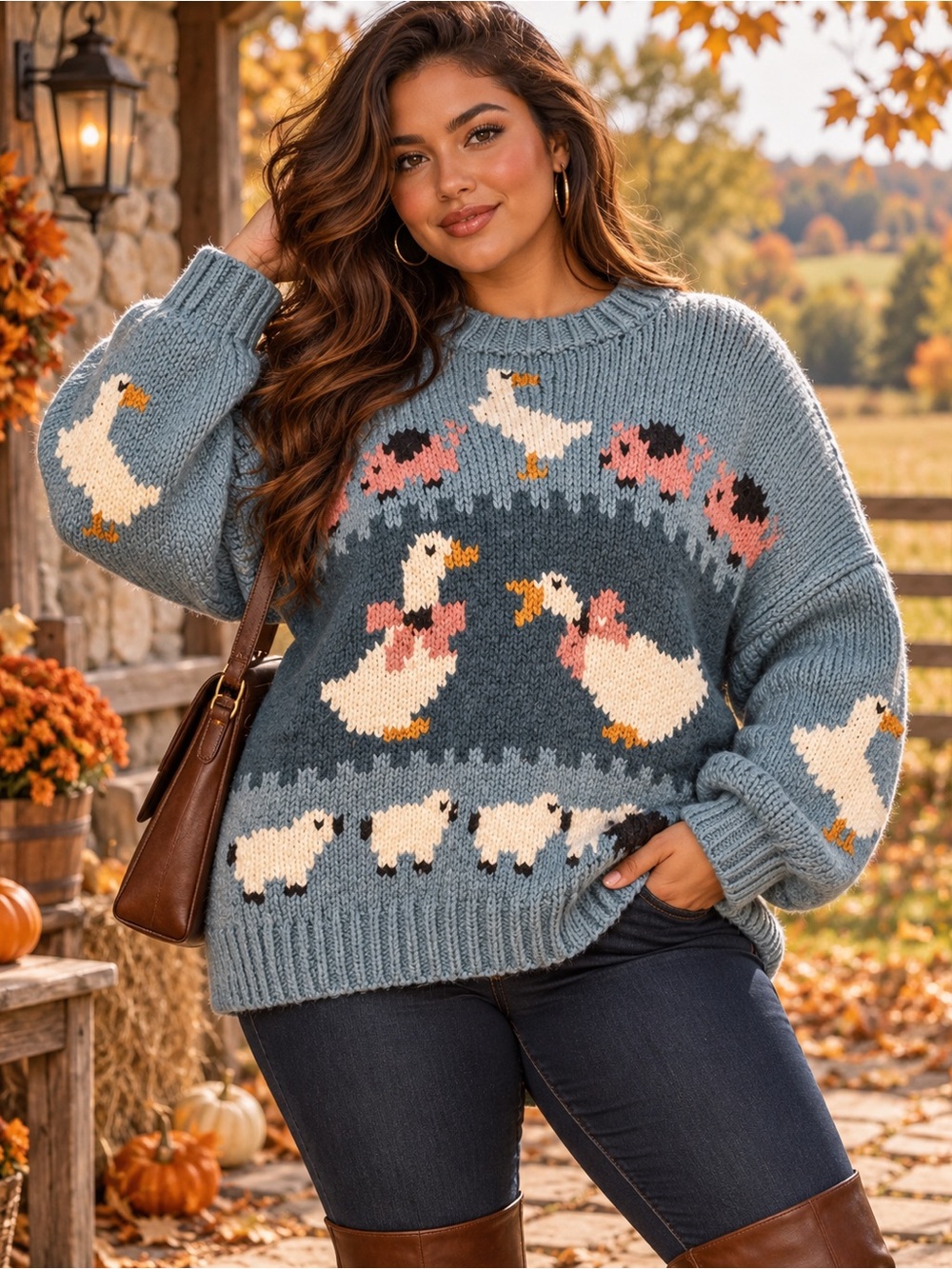 Chunky Knit Farm Animal Plus Size 1X Sweater Geese Sheep Cottagecore Pullover